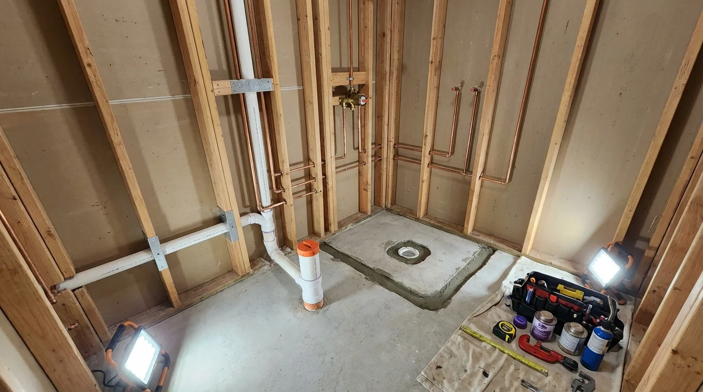 Bathroom rough-in plumbing during remodel by Johns Plumbing LLC in Flemingsburg