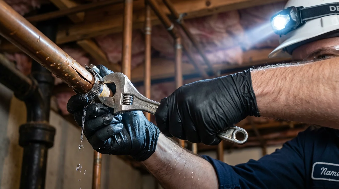 Emergency pipe clamp repair being performed by a Johns Plumbing LLC plumber in Flemingsburg