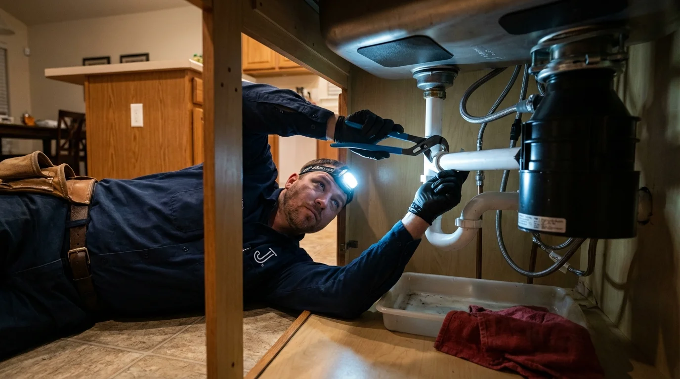 P-trap and supply line connections under a kitchen sink showing a common leak point in Flemingsburg, KY
